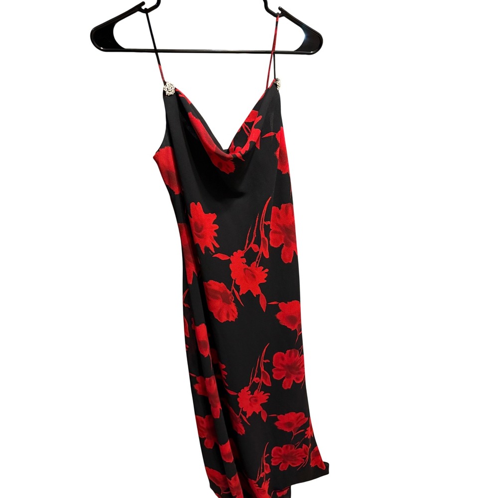 Betsy & Adam Jaslene Vintage Red Floral Cowl Neck Maxi Dress Rhinestone Straps